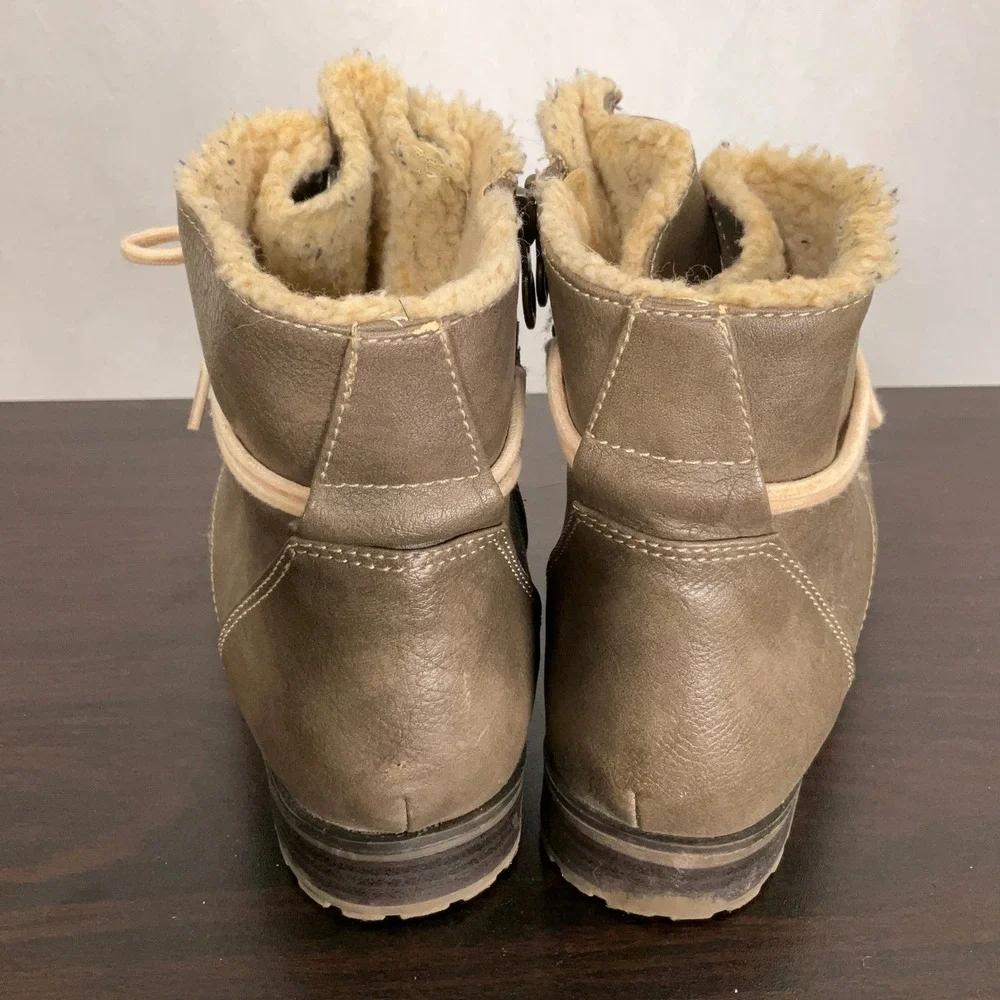 Sporto Ankle Boots Women 9 Olive Green Faux Shearling Lined Lace Up Zip Casual